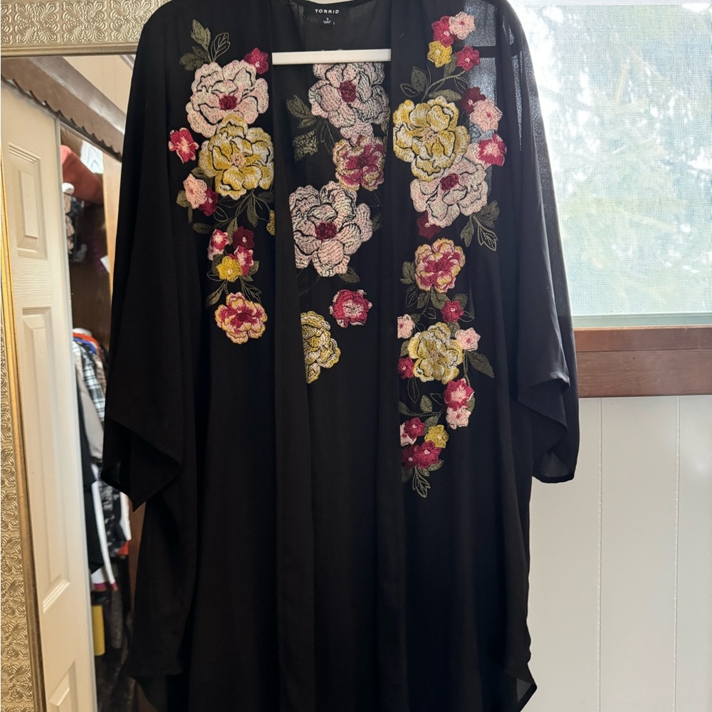 Torrid Black Kimono with Floral Embroidery